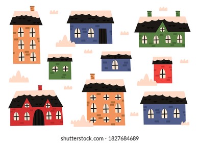 Set of isolated decorated buildings for 2021 new year and christmas. Building with lanterns for xmas. Holiday and celebration,winter architecture.