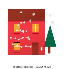 Set of isolated decorated buildings for 2024 new year and Christmas. Building with snowman and fir tree at yard, construction façade with lanterns for xmas. Holiday and celebration, winter.