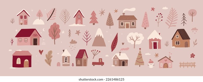 Un conjunto aislado de casas decoradas para Año Nuevo y Navidad. Edificios con arbustos y árboles. Vacaciones y celebraciones, arquitectura de invierno. Ilustración del vector