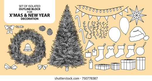 Set of isolated decoration block for Christmas and New year. Vector illustration in black outline and white plane on pastel pink background.