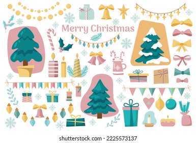 Set of isolated decorations for Christmas and New Year. Vector illustration in gentle colors of turquoise and pink shades in a flat style on a white background for print or web