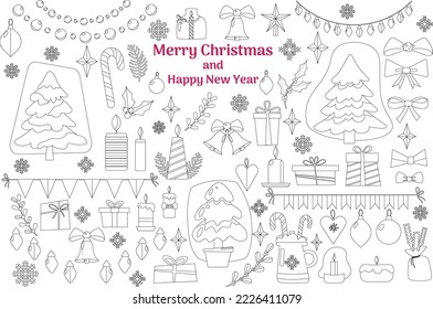 Set of isolated decorations for Christmas and New Year. Vector illustration in black outline and white plane on a white background.