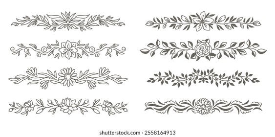 Set of isolated decorative floral swirls and thin dividers. Plant elements, vector illustration