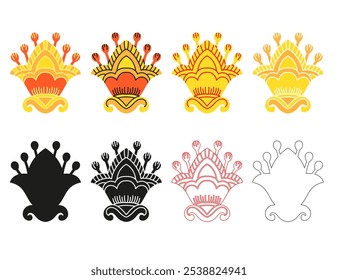 Set of isolated decorative flower in different design. Color, contour, silhouette flower. Vector illustration. Elements for postcards, print, linen, engraving, clothes, embroidery and dishes design