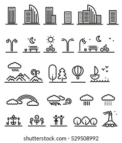Set of isolated decorative icons outlined in flat monochrome lines with urban scenery elements and buildings vector illustration