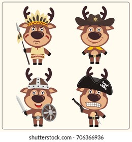 Set isolated deer in cartoon style in costume of viking, american indian, cowboy and pirate.