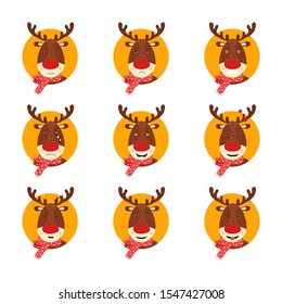 Set of Isolated deer cute smile character. Cartoon scandinavian christmas symbol. Vector Illustration. Emoji. 
