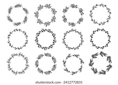Set of isolated delicate sketch botanical round wreaths with leaves and branches. Set of black color doodle spring floral frames for greeting card design, wedding decoration