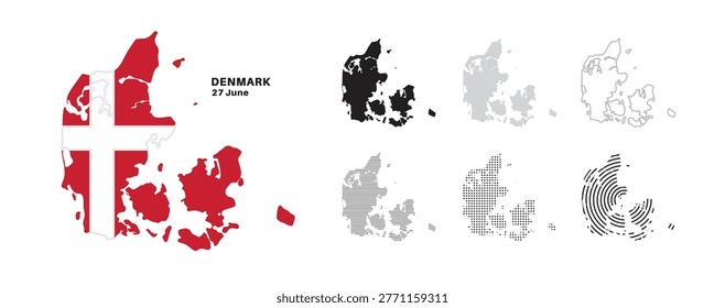 Set of isolated denmark maps. denmark flag overlaid with flag proportions. Maps and traveling around the world