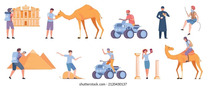 Set with isolated desert travel flat icons with human characters of tourists among camels and pyramids vector illustration