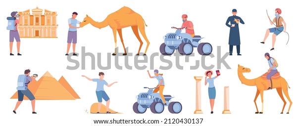 Set with isolated desert travel flat icons\
with human characters of tourists among camels and pyramids vector\
illustration