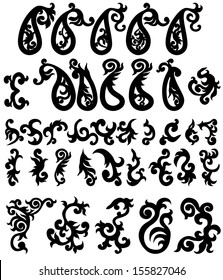 Set of isolated design elements,paisley,fl oral motif, twist. Vector illustration