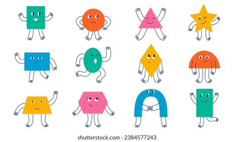 Establece diferentes figuras geométricas básicas de color funky aisladas. Ilustración plana de Doodle para niños. Colección de vectores con emociones faciales, manos y piernas con estilo dibujado a mano. Personajes graciosos.