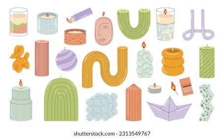 Set isolated different modern handmade aroma candles on white background. Pillar, balloon dog, jar candle, boat, container candle, matches. Home design, interior concept. Flat vector illustration