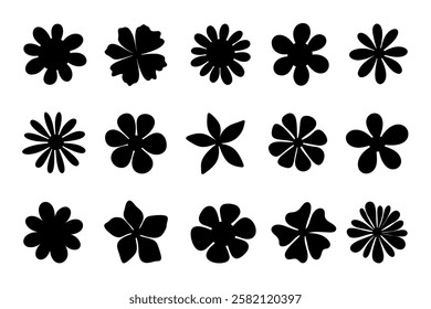 A set of isolated different simple abstract flowers, botanical illustration, black silhouette, hand-drawn, vector. Decorative Floral Blooming Graphic, Flat Element for Decoration, Design