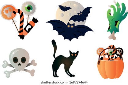 Set of isolated different traditional objects and animals for celebrating Halloween holiday