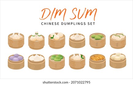 Set of isolated Dim Sum dumplings in bamboo steamer baskets. Vector illustrations of asian chinese dishes isolated on white background