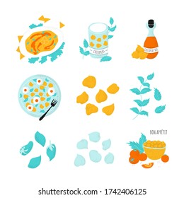 Set of isolated dish from chickpea. Hummus, oil, beans in modern flat style. Printable healthy food. Vector illustration