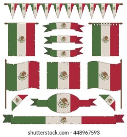 set of isolated distressed mexican flags, ribbons and banners