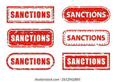 Set of isolated distressed red SANCTIONS rubber stamps. Ideal for illustrating economic embargo, political conflicts, trade penalties, diplomatic disputes, international financial restrictions