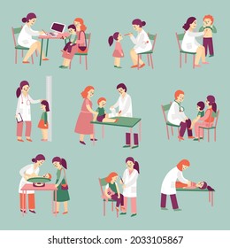 Set of isolated doctor pediatrician icons with human characters of medical specialists children and their parents vector illustration
