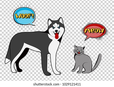 Set of isolated dog and cat with a speech bubbles "Woof" and "Meow". Vector illustration organized in layers for easy editing. EPS 10