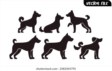 Set of Isolated Dog Silhouettes on White Background