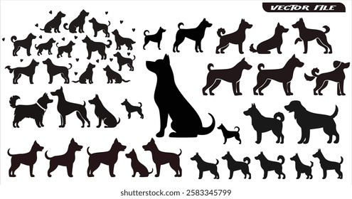 Set of Isolated Dog Silhouettes on White Background