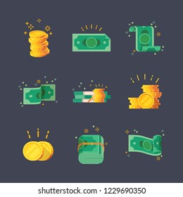 Set of isolated dollar banknotes and glowing golden coins, money. Simple paper and metal cash icons and flat bucks. Financial and monetary, commercial and economy, treasure and payment, savings theme