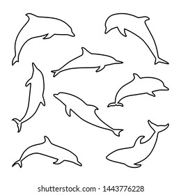 Set of isolated Dolphins in outline style
