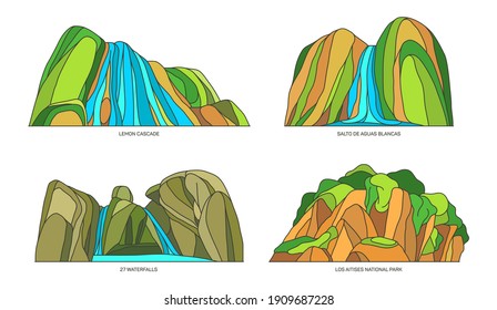 Set von isolierten Landschaften der Dominikanischen Republik oder Vektorkaribischen Sehenswürdigkeiten. Salto Aguas Blancas Wasserfall und Lemon Kaskade in Lagune, 27 charcos und Los Haitises Nationalpark. Sehenswürdigkeiten des Tourismus