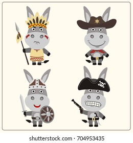 Set Isolated Donkey In Cartoon Style In Costume Of Viking, American Indian, Cowboy And Pirate.