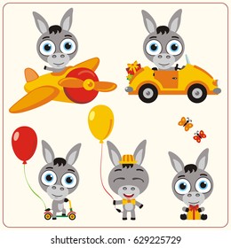 Set isolated donkey for holiday design: in airplane, car, with balloons and gifts.