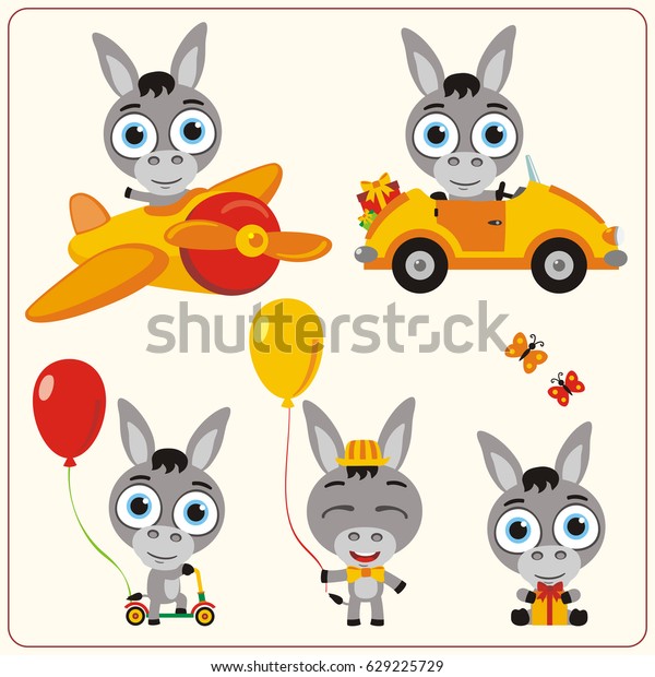 Set isolated donkey for holiday design: in\
airplane, car, with balloons and\
gifts.