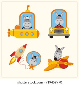 Set of isolated donkey in various transport: airplane, submarine, car, space rocket.