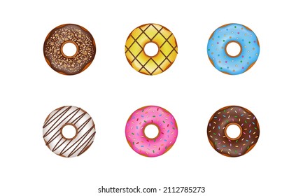 set of isolated donuts. colorful doughnut illustration. top view 