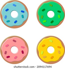 Set of isolated donuts covered with sweet frosted glaze and topping on a transparent background