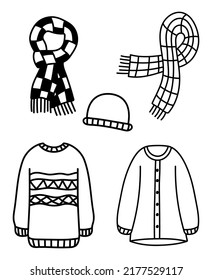 Set of isolated doodle autumn clothes. Hand drawn cozy sweaters, scarves, hat. Vector autumn flat illustration.