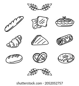 Set of isolated doodle elements. Bakery products. Ears of wheat. Icons: loaf, French baguette, croissant, pie, toast, pretzel and roll. Black and white image of food.