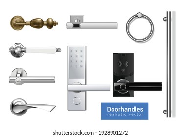 Set of isolated door knobs handles realistic icons with images of classic and modern digital handles vector illustration