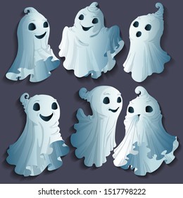 A set of isolated drawings on a gray background. Halloween ghosts. Vector.