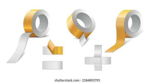 Set with isolated duct tape mockup realistic images of double sided sticky tape and glued pieces vector illustration