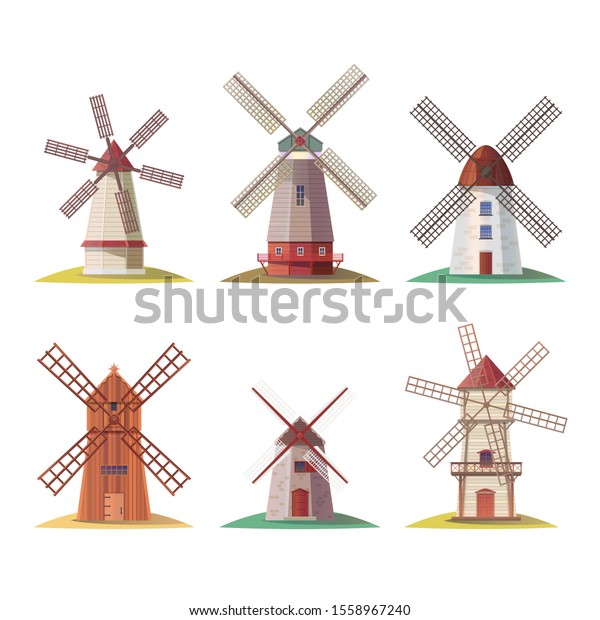Set of isolated dutch stone mill or netherland
wooden windmill, holland building for flour or european rural
structure. Millstones for grain or bread processing. Wheat and
vintage architecture theme