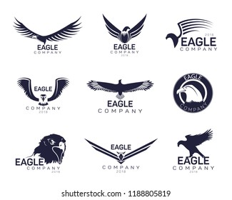 Set of isolated eagles icons for company branding or hawk with feather and beak for insignia. Bird with wings for advertising emblem or heraldic head of falcon for label. Brand and ads theme