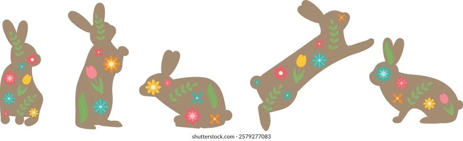 Set of isolated Easter bunnies with floral pattern