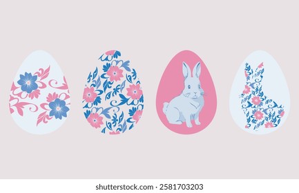 Set of isolated easter eggs flat design with decoration patterns, floral ornament and rabbit vector illustration in pink and blue colors