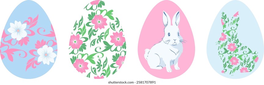 Set of isolated easter eggs flat design with decoration patterns, floral ornament and rabbit vector illustration in pink and blue colors