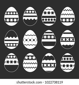 Set of isolated Easter eggs on a black background. With an abstract pattern. Simple flat vector illustration. Suitable for decoration of postcards, advertising, magazines, websites.