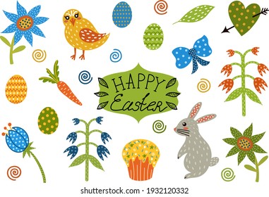 Set of isolated Easter elements. Rabbit, chicken, spring flowers, eggs in a flat style. Objects for decorating Easter and spring events