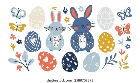 Set of isolated Easter holiday decoration ornaments in doodle hand-drawn graphic illustration on a white background.